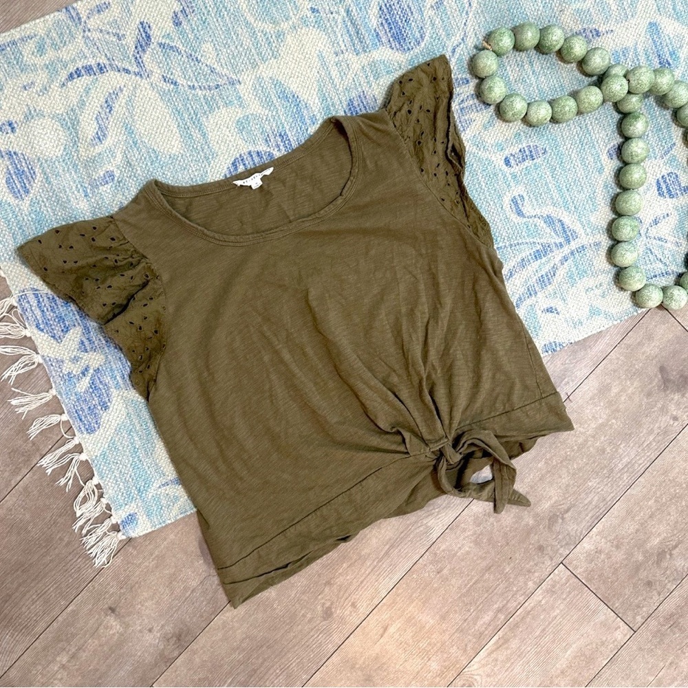 Jane + Delancey Olive Green Tie-Front Flutter Sleeve Cotton Top Women’s Sz XL